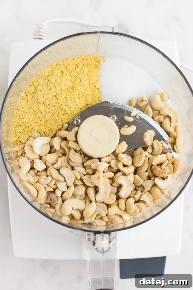 Raw cashews, nutritional yeast, and salt waiting to be blended in a food processor for making cashew vegan parmesan.