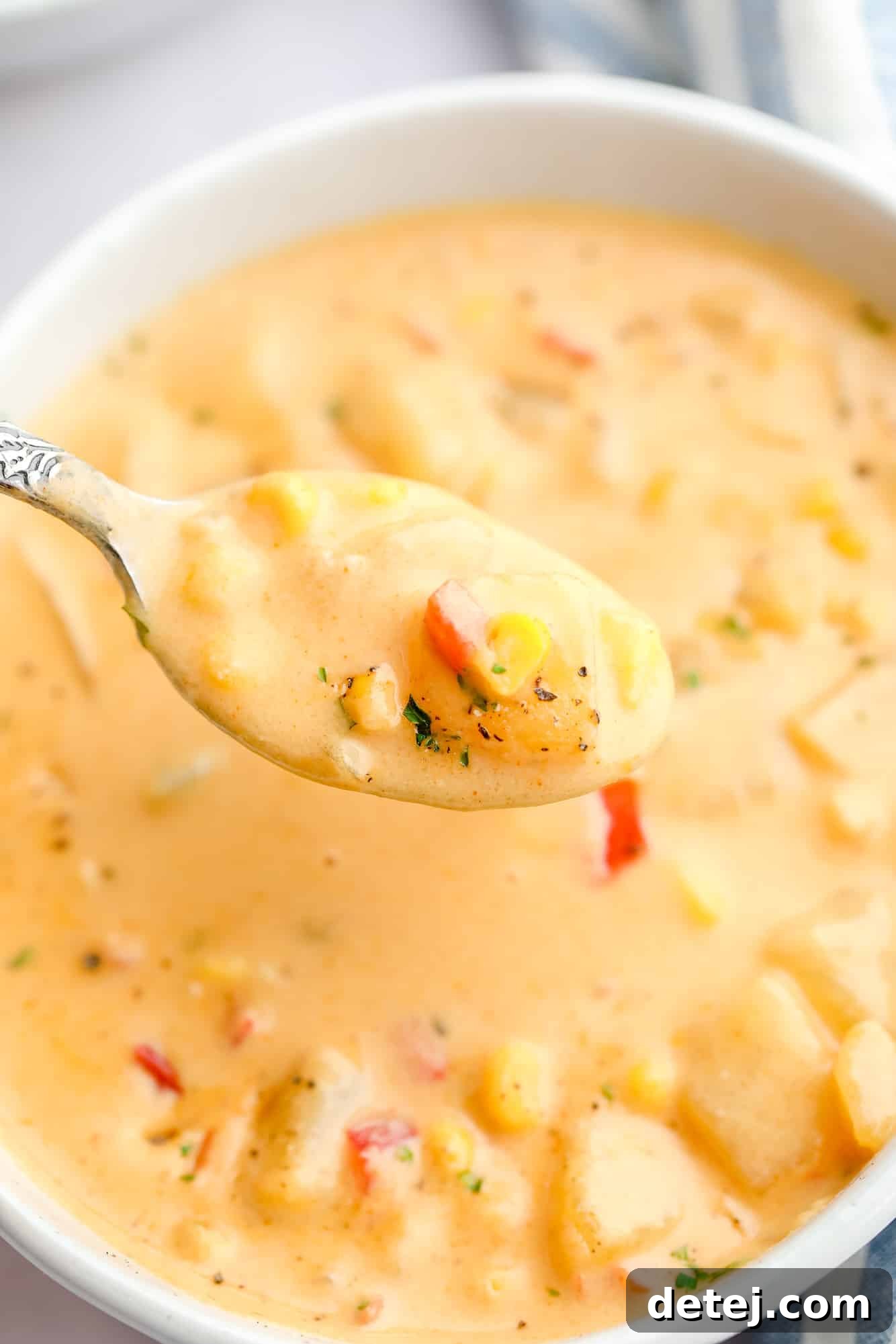 close up on a spoon full of vegan corn chowder with a bowl of soup in the background.