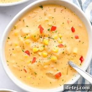 close up on a bowl of vegan corn chowder.