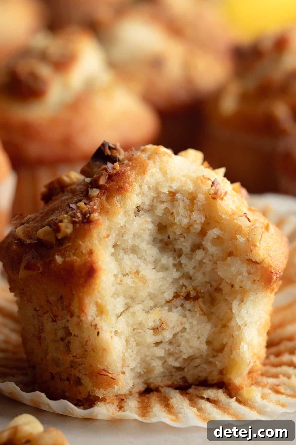 Close up of a fluffy vegan banana muffin with a bite taken out, revealing its moist interior.