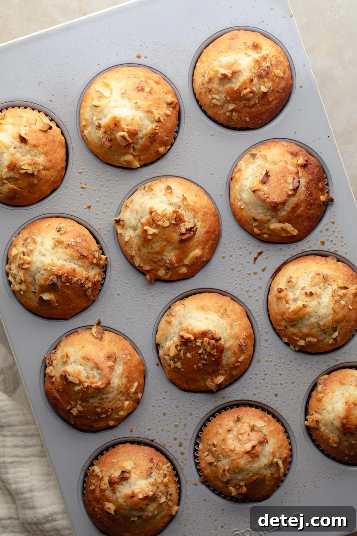 Freshly baked golden vegan banana muffins cooling in a muffin tin.