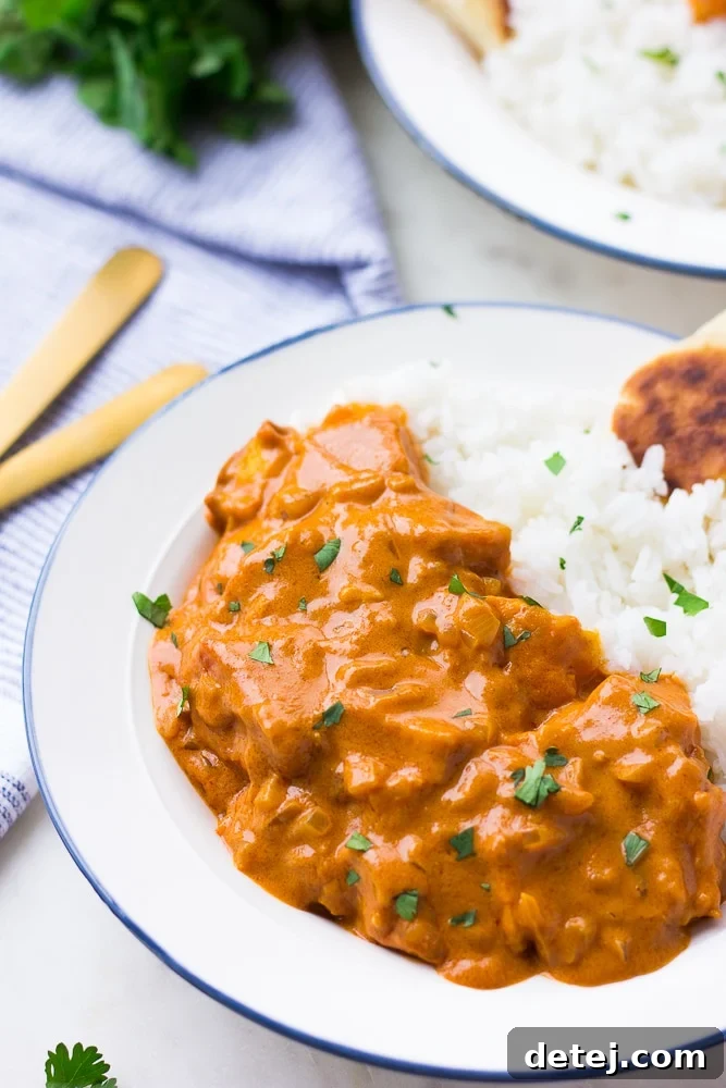 close up of vegan butter chicken with white rice