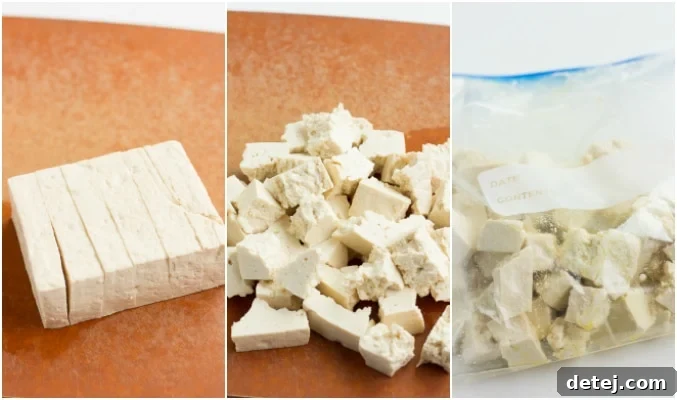 collage showing how to cut and rip tofu for vegan butter chicken.