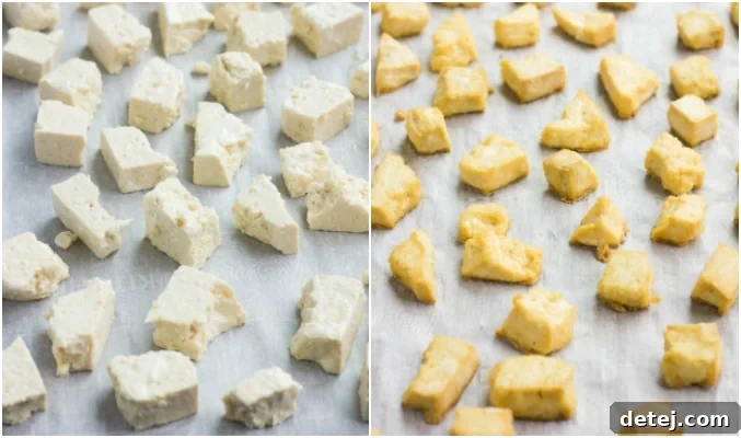 collage of baking tofu pieces, before and after on baking sheet.