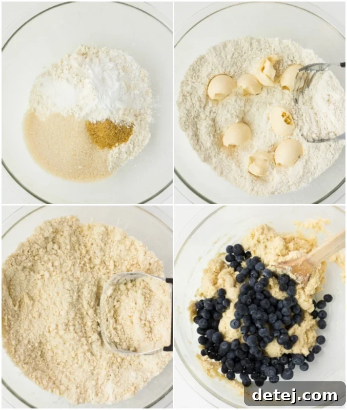 A collage showing the process of mixing ingredients for vegan blueberry scones in a bowl, from dry ingredients to the addition of butter.