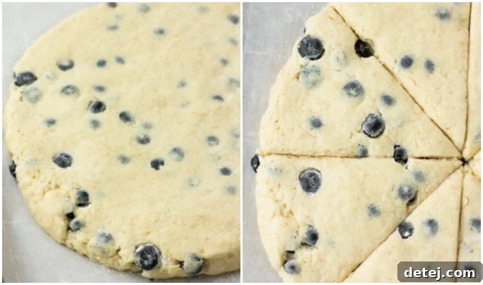 A collage demonstrating the shaping and cutting of vegan blueberry scone dough on a floured surface, using a pizza cutter.