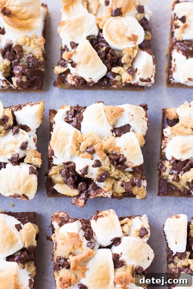 Several neatly sliced vegan s'mores bars arranged in rows on a cutting board, showcasing their layers.