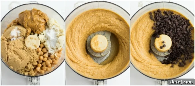 collage showing steps of making chickpea blondie dough in a food processor