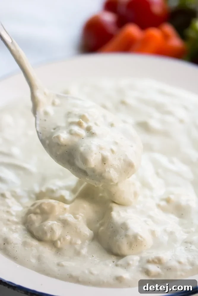 A spoon being lifted from a bowl of chunky white vegan blue cheese dressing, showcasing its creamy texture and visible crumbles.