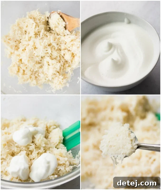 A four-panel collage showing the step-by-step process of mixing ingredients and preparing vegan coconut macaroons dough.
