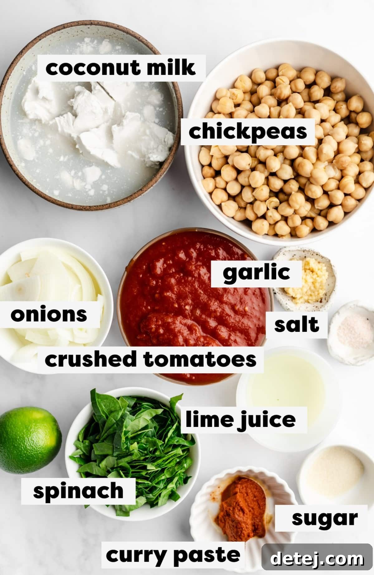 Arrangement of fresh ingredients for chickpea curry, including canned chickpeas, tomatoes, coconut milk, onion, garlic, curry paste, and spinach, on a white background.