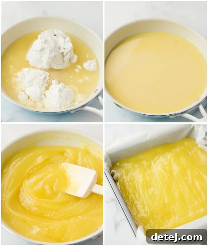 A visual collage showing the step-by-step process of preparing the vegan lemon filling, from mixing ingredients to achieving the perfect thickened consistency.