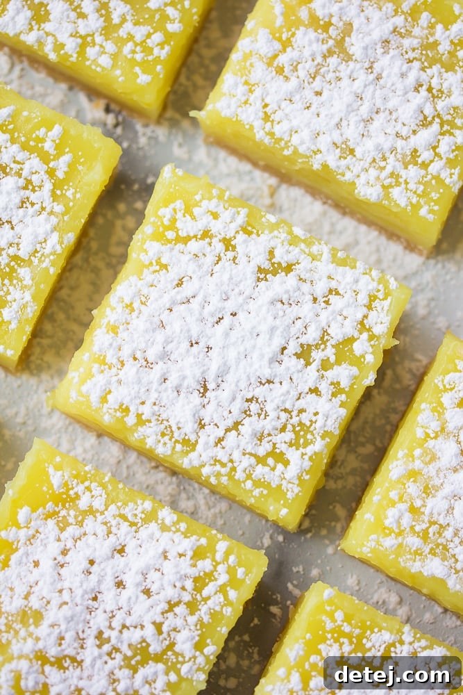 Overhead shot of perfectly cut vegan lemon bars, each dusted with powdered sugar and neatly arranged on a platter.