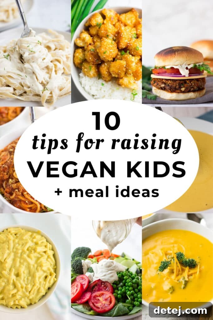 Collage of various delicious vegan kid-friendly foods with text overlay reading "10 Tips for Raising Vegan Kids"