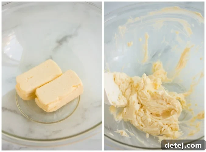 A collage demonstrating the process of preparing vegan butter: first, a picture of vegan butter sticks, followed by a bowl of the same butter after it has been whipped to a creamy, pale yellow consistency.