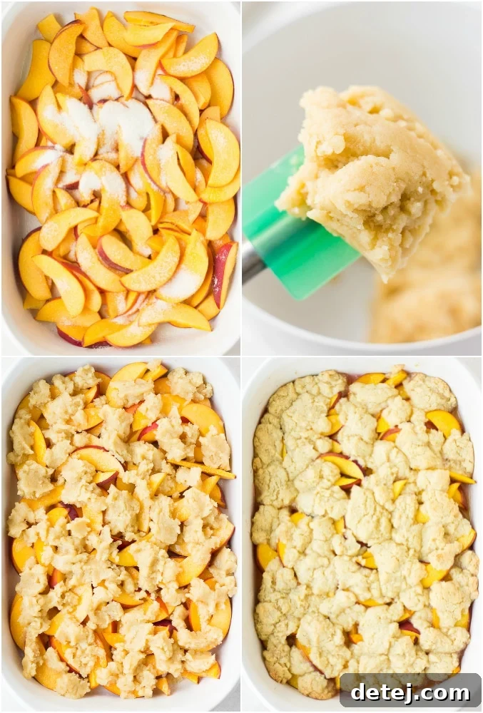 Homestyle Vegan Peach Cobbler 4 A visual guide showing the steps for assembling a vegan peach cobbler, from preparing peaches to spreading the batter.