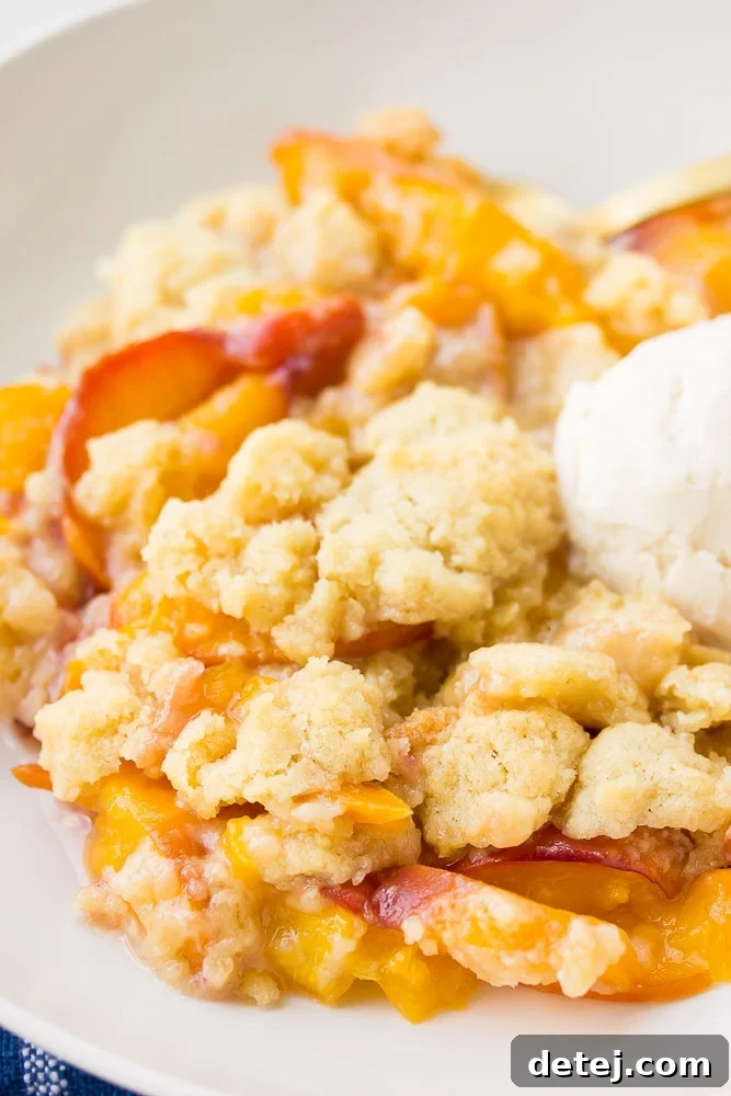Homestyle Vegan Peach Cobbler 6 A serving of warm vegan peach cobbler in a white bowl, topped with a melting scoop of soy vanilla ice cream, ready to be enjoyed.