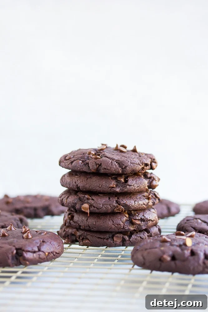 A perfectly stacked pile of ultimate vegan chocolate cookies against a clean white background, highlighting their rich color and inviting texture.