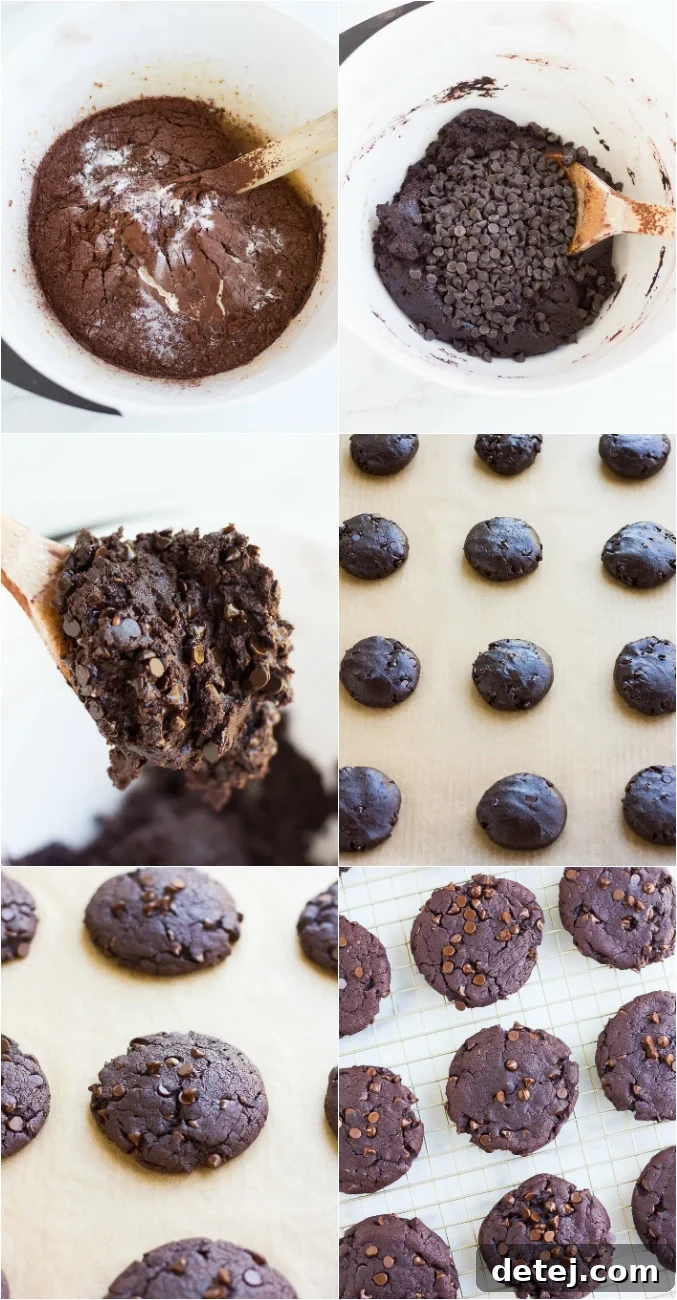 A visual step-by-step collage demonstrating how to make vegan chocolate cookies, from mixing ingredients to forming dough balls on a baking sheet.