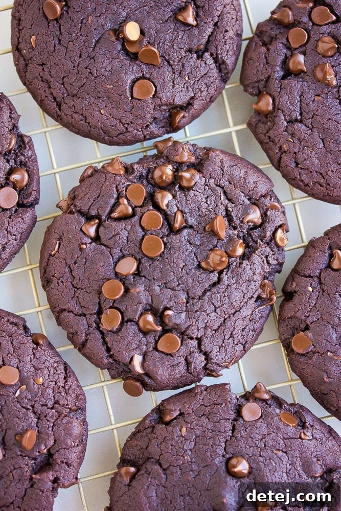 Close-up shot of freshly baked vegan chocolate cookies cooling on a wire rack, showing their rich brown color and crackled tops.