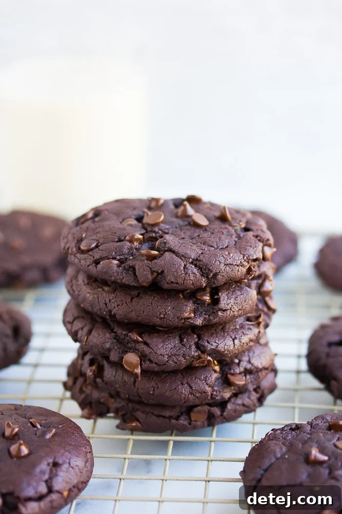 Another appealing stack of ultimate vegan chocolate cookies against a simple white background, emphasizing their uniform size and irresistible appeal.