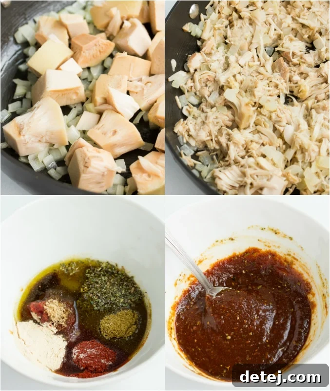 collage of jackfruit carnitas, how to make it and the sauce