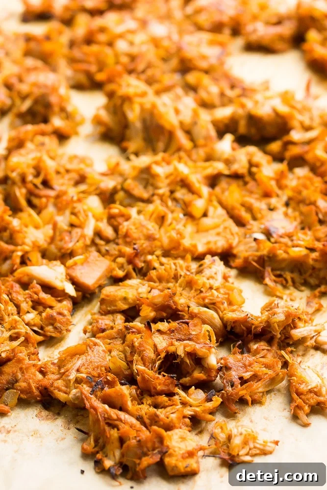 jackfruit carnitas after being in the oven, crispy in places