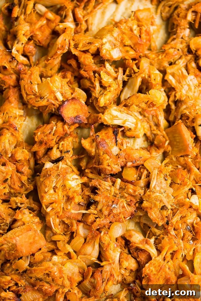 very close up of jackfruit carnitas