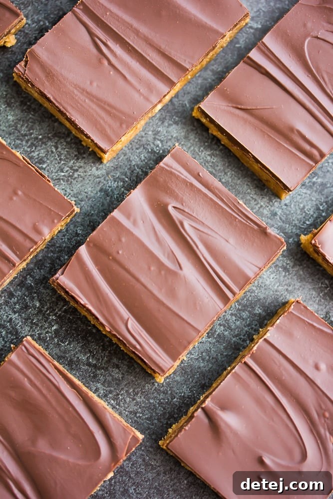 An overhead shot of freshly made Vegan Chocolate Peanut Butter Bars, neatly lined up in a baking pan, ready to be chilled and sliced. The perfect layers are clearly visible.