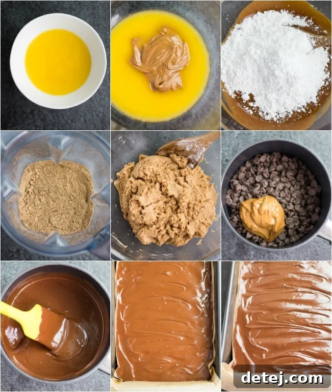 A visual guide showing the step-by-step process of making Vegan Chocolate Peanut Butter Bars, from mixing ingredients to layering and chilling.
