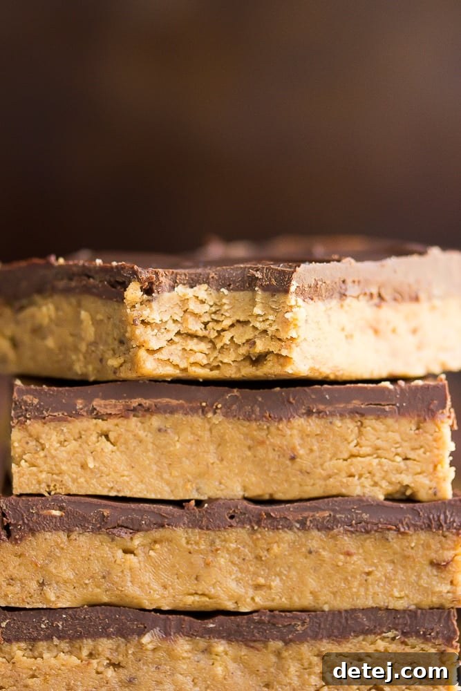 A close-up shot of a single Vegan Chocolate Peanut Butter Bar with a small bite taken out, revealing the soft, layered interior. A truly enticing image for dessert lovers.