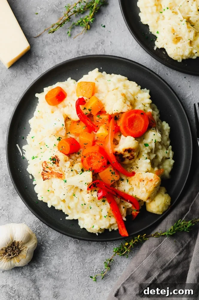 looking down on a plate of vegan risotto with vegetables on top