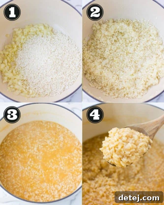 collage showing how to make risotto in a white pot