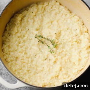 square image of creamy pot of vegan risotto