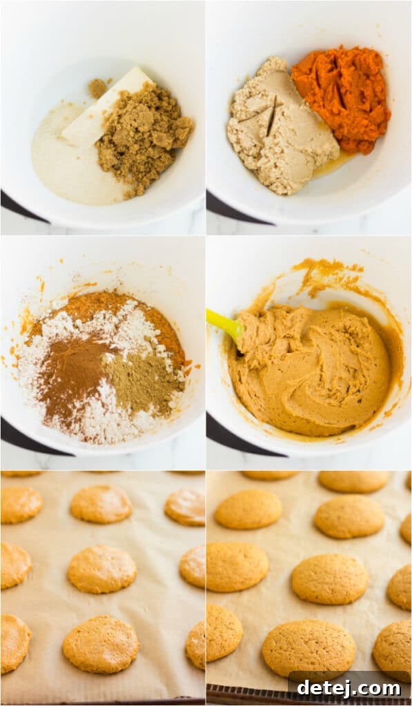 collage of how to make vegan pumpkin cookies, showing steps from mixing to baking.