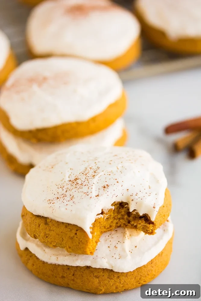 bite taken out of pumpkin cookie, more cookies in background, showing soft texture.
