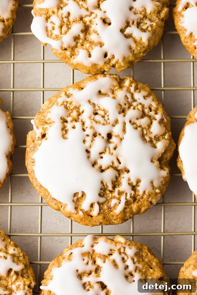 Close-up view of a single vegan iced oatmeal cookie on a cooling rack, showcasing its chewy texture and inviting frosting.