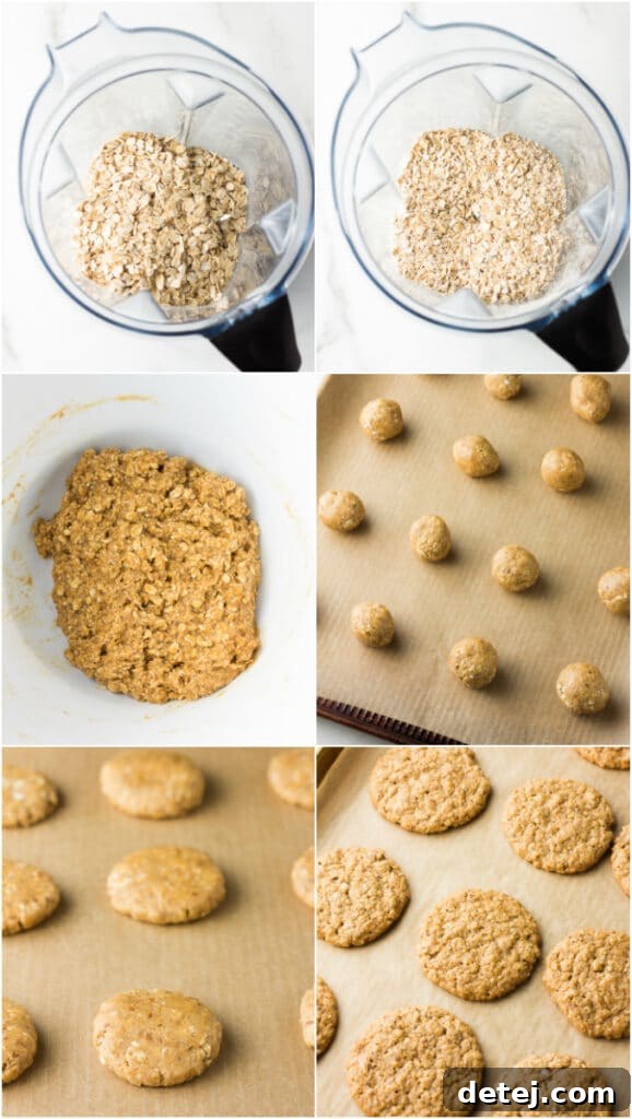 A visual collage illustrating the various steps of making iced vegan oatmeal cookies, from dough preparation to baking.