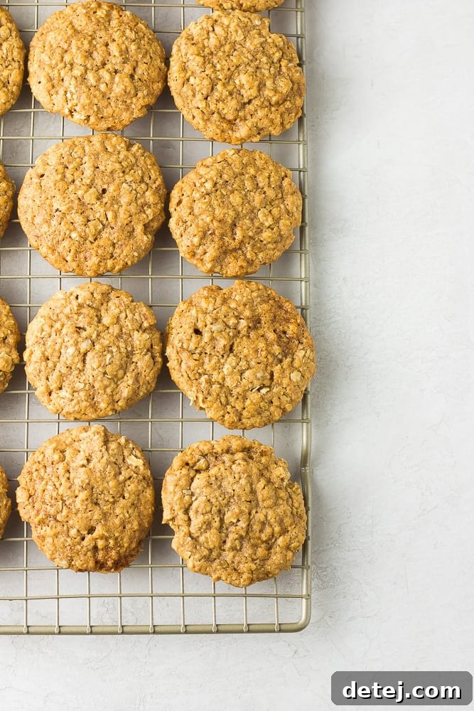 Baked vegan oatmeal cookies, un-iced, cooling on a wire rack.