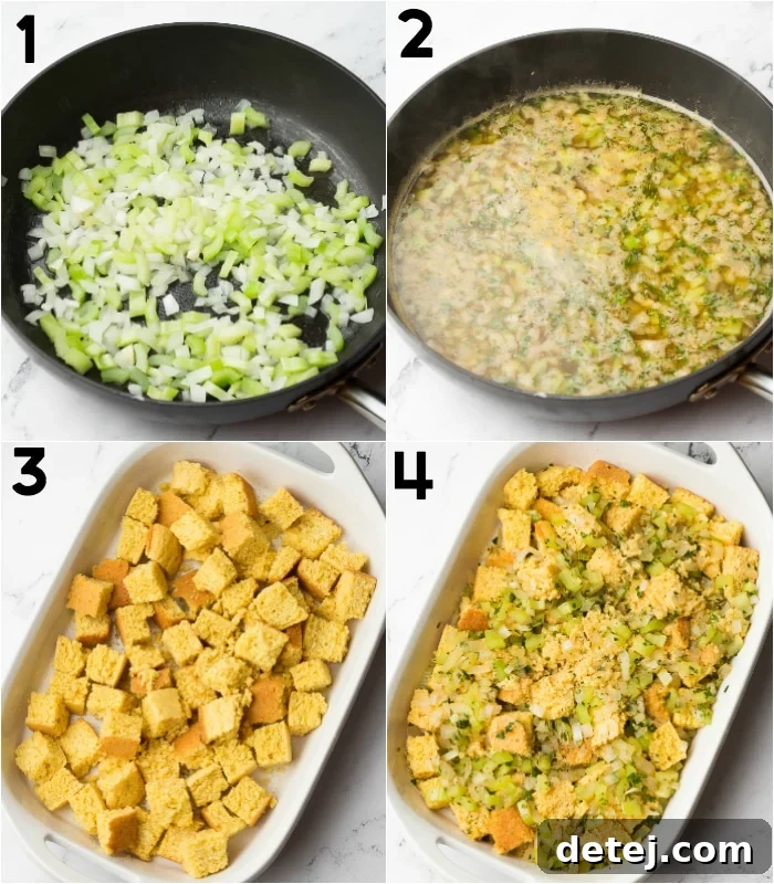 A visual step-by-step collage demonstrating how to make vegan cornbread stuffing, from sautéing vegetables to combining ingredients.