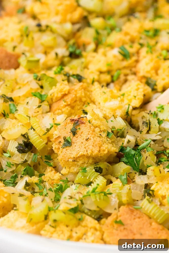 A close-up of the finished vegan cornbread stuffing, golden and bubbly in a casserole dish, highlighting its texture and inviting appearance.