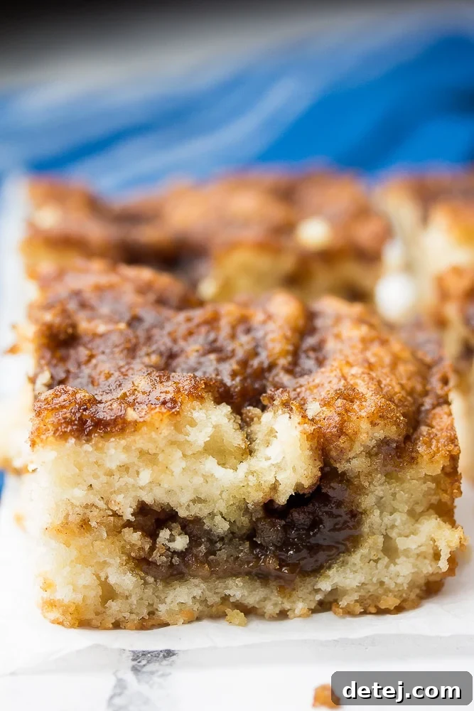 piece of vegan coffee cake with blue towel in back and more cake