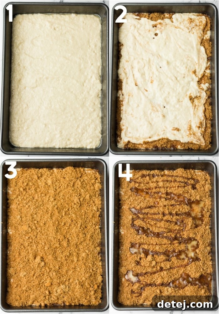 collage of how to layer coffee cake before baking