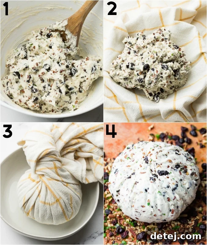 A visual guide showing a step-by-step collage of how to prepare the vegan cranberry pecan cheese ball, from mixing to coating.