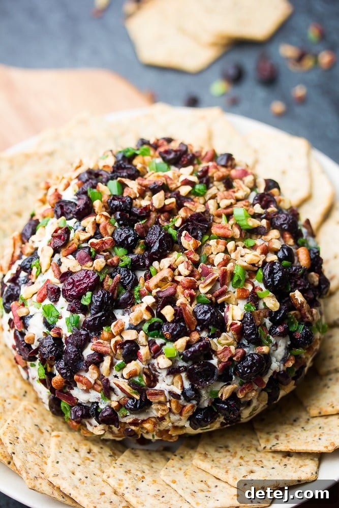 A perfectly formed vegan cranberry pecan cheese ball, coated in a festive mix of cranberries and pecans, surrounded by an assortment of crackers on a platter.