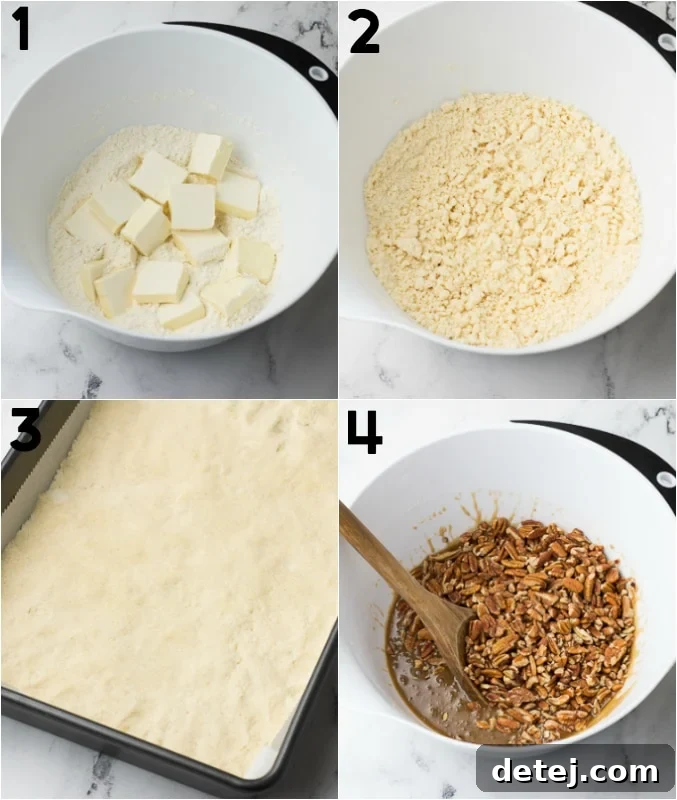 A four-panel collage showing the step-by-step process of making the vegan shortbread crust, from dry ingredients to pressed dough in the pan.