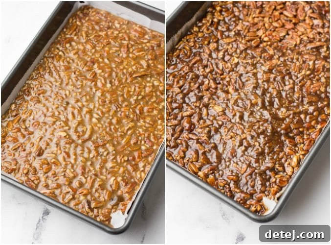 A before and after baking comparison image of vegan pecan bars, showing the raw topping and the bubbly, golden finished product.
