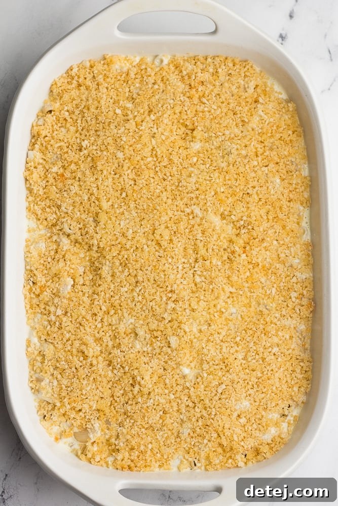 mac and cheese with breadcrumb topping before cooking