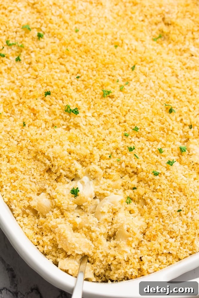 casserole dish with baked mac and cheese, cooked