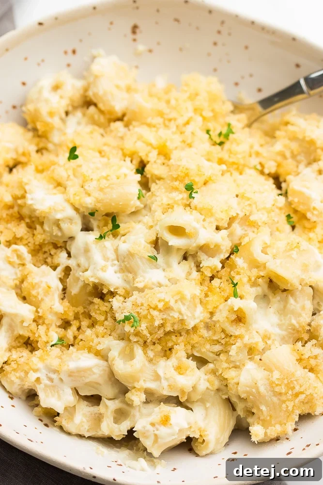 close up of vegan baked mac and cheese